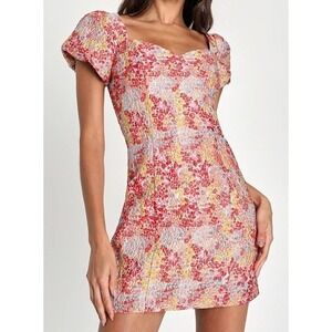 Lulus Womens XL Sweetest Essence Blush Floral Jacquard Puff Sleeve Mini Dress